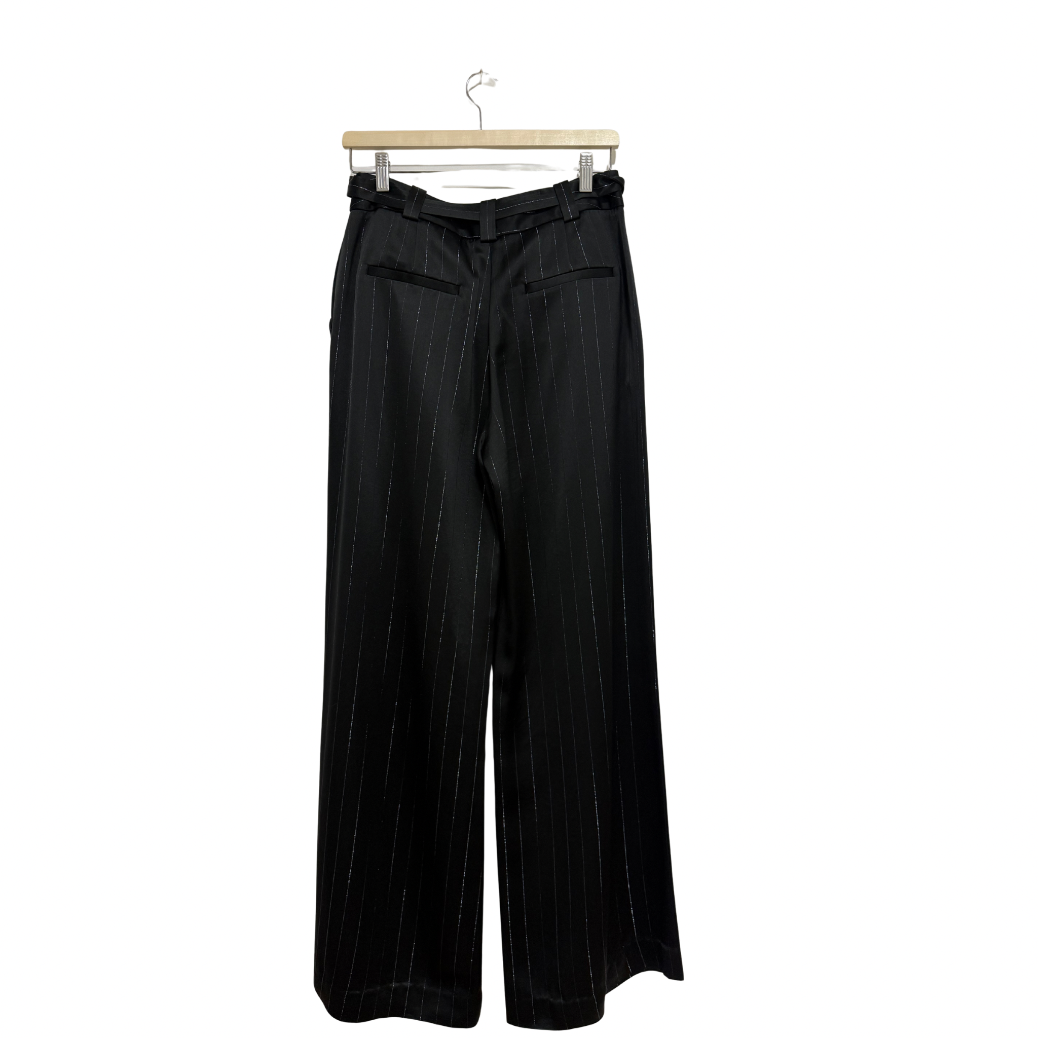 CUE Holographic Pinstripe Pleat Front Pant in Black Size 8